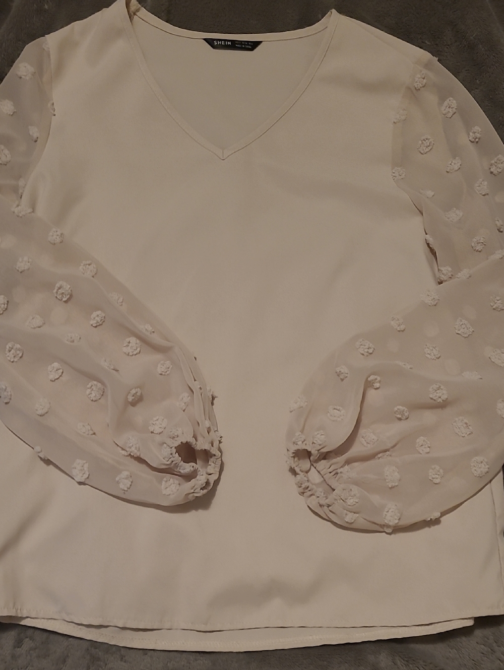 Cream V-Neck Boho Style Blouse with Textured Dot Sleeves